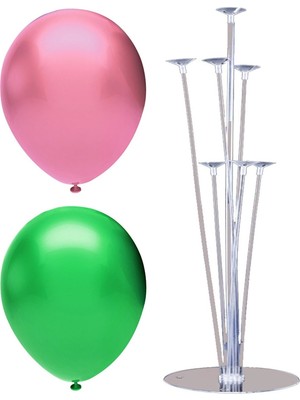 Rönesans Parti 7 Çubuklu Balon Standı + 7 Adet Balon ( Koyu Yeşil, Pembe )