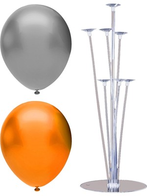 Rönesans Parti 7 Çubuklu Balon Standı + 20 Adet Balon ( Gümüş - Turuncu )