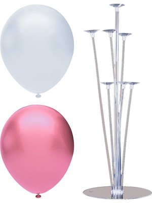 Rönesans Parti 7 Çubuklu Balon Standı + 100 Adet Balon ( Pembe - Beyaz )