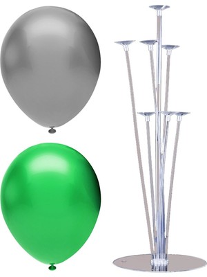 Rönesans Parti 7 Çubuklu Balon Standı + 50 Adet Balon ( Gümüş - Koyu Yeşil )