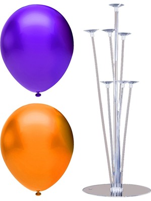 Rönesans Parti 7 Çubuklu Balon Standı + 20 Adet Balon ( Mor - Turuncu )
