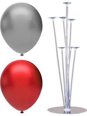 Rönesans Parti 7 Çubuklu Balon Standı + 7 Adet Balon ( Kırmızı, Gümüş )