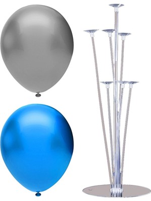 Rönesans Parti 7 Çubuklu Balon Standı + 50 Adet Balon ( Gümüş, Koyu Mavi )