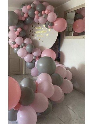 Rönesans Parti Pastel Gri Pembe Balon 100 Adet + 5 Mt. Balon Zinciri