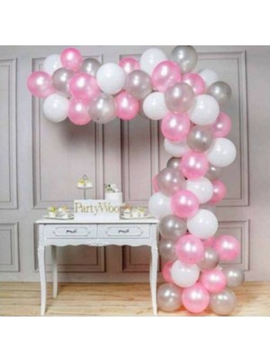 Rönesans Parti 50 Adet 12 Inç Metalik Parti Balonu Metalik Pembe -Metalik Beyaz - Metalik Gümüş + 5 mt Balon Zinciri