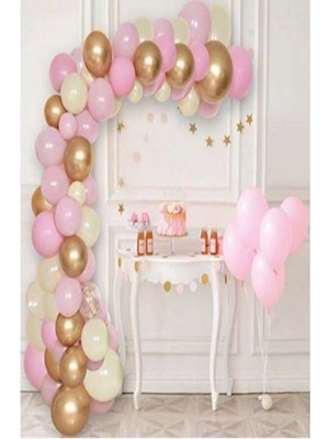 Rönesans Parti 50 Adet 12 Inç Metalik Parti Balonu Metalik Pembe -Metalik Beyaz - Metalik Gold + 5 mt Balon Zinciri