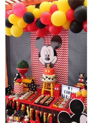 Rönesans Parti 100 Adet Kırmızı Siyah Sarı Metalik Balon ve Balon Zinciri Mıckey Mouse Konsept