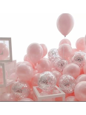 Rönesans Parti Makaron Pembe Gümüş Konfetili Şeffaf Balon Seti 20 Adet
