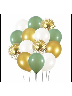 Rönesans Parti Küf Yeşili Metalik Gold Pastel Beyaz Gold Konfetili Şeffaf Balon Seti 20 Adet