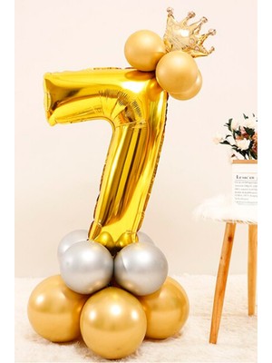 Rönesans Parti Gold Renk 7 Yaş Krom Gold-Gümüş Renkler Altın Taçlı Balon Seti