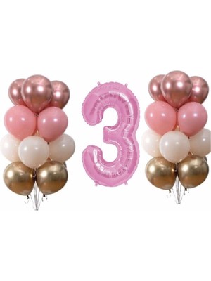 Rönesans Parti Pastel Krom 3 Yaş Pembe Doğum Günü Balon Seti