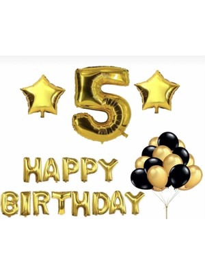Rönesans Parti Gold 5 Yaş Happy Bırthday Folyo Balonlu Yıldızlı Set