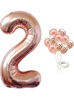 Rönesans Parti 2 Yaş Rose Gold Rakam Balon Konfetili Balon Seti