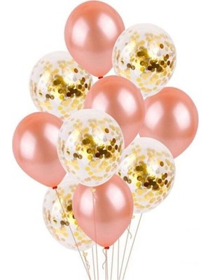 Rönesans Parti Şeffaf Gold Konfetili Rose Gold Balon Seti 10 Adet