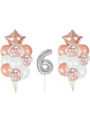 Rönesans Parti Gümüş 6 Yaş Rose Gold Konfetili Şeffaf Balon Seti