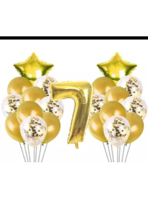 Rönesans Parti 7 Yaş Gold Konfetili Şeffaf Balon Seti Doğum Günü Seti