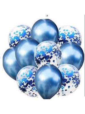 Rönesans Parti Mavi Konfetili Şeffaf ve Krom Mavi Balon Seti
