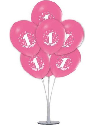 Rönesans Parti 7'li Balon Standı + 7 Adet 1 Yaş Baskılı Pembe Balon