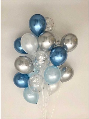 Rönesans Parti Krom Mavi Krom Gümüş Metalik Mavi Şeffaf Konfetili Balon Seti