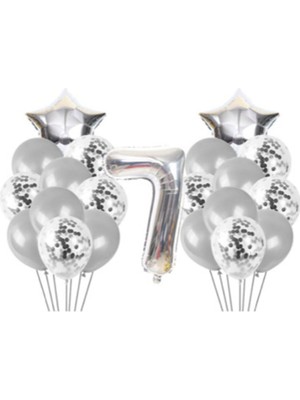 Rönesans Parti 7 Yaş Konfetili Balon Doğum Günü Seti Gümüş