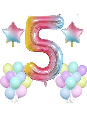 Rönesans Parti Gökkuşağı Konsepti 5 Yaş Doğum Günü Parti Kutlama Seti; Rakam ve Yıldız Folyo,pastel Balon