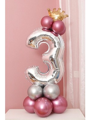 Rönesans Parti 3 Yaş Krom Pembe-Gümüş Renkler Altın Taçlı Balon Seti