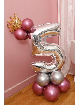 Rönesans Parti 5 Yaş Krom Pembe-Gümüş Renkler Altın Taçlı Balon Seti