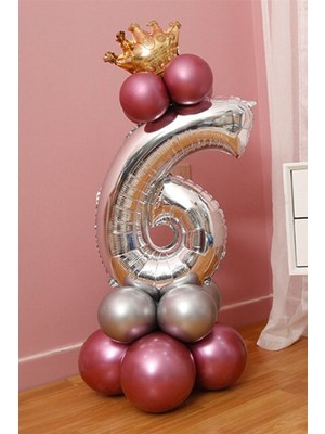 Rönesans Parti 6 Yaş Krom Pembe-Gümüş Renkler Altın Taçlı Balon Seti