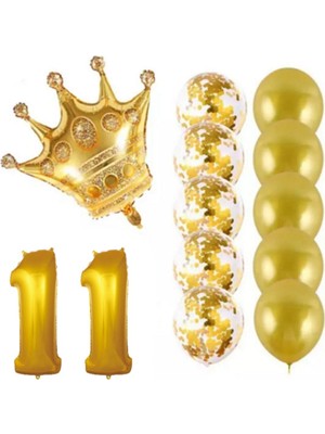 Rönesans Parti 11 Yaş Kral Taçlı Gold Konfetili Şeffaf Balon Seti