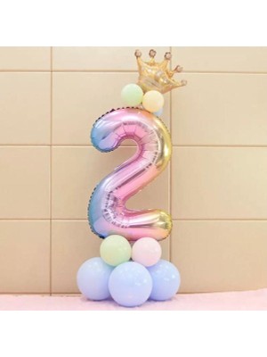 Rönesans Parti 2 Yaş Gökkuşağı Rakam ve Kral Tacı Folyo Balon Doğum Günü