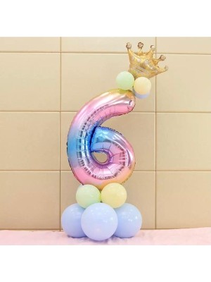 Rönesans Parti 6 Yaş Gökkuşağı Rakam ve Kral Tacı Folyo Balon Doğum Günü