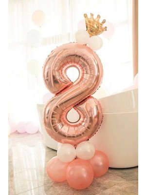 Rönesans Parti 8 Yaş Rose Gold Rakam Balon Altın Kral Taçlı Balon Seti