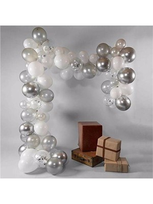 Rönesans Parti 50 Adet Krom Gümüş Metalik Beyaz Şeffaf Konfetili Balon Seti