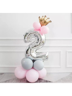 Rönesans Parti 2 Yaş Gümüş Rakam ve Kral Tacı Folyo Balon Doğum Günü
