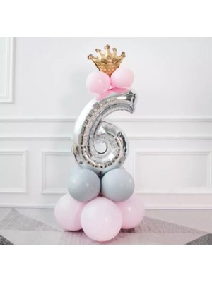 Rönesans Parti 6 Yaş Gümüş Rakam ve Kral Tacı Folyo Balon Doğum Günü