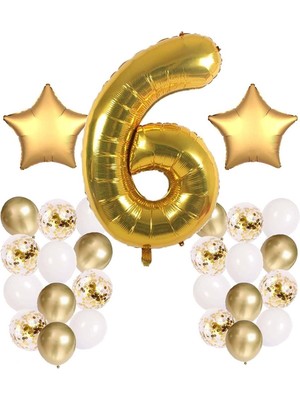Rönesans Parti Gold Konsept 6 Yaş Doğum Günü Kutlama Seti; Beyaz Gold Konfetili Balon, Rakam Yıldız Folyo
