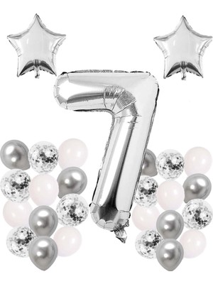 Rönesans Parti Gümüş Konsept 7 Yaş Doğum Günü Kutlama Seti; Beyaz Gümüş Konfetili Balon, Rakam Yıldız Folyo