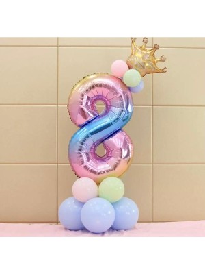 Rönesans Parti 8 Yaş Gökkuşağı Rakam ve Kral Tacı Folyo Balon Doğum Günü