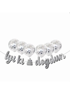 Rönesans Parti Gümüş Konfetili Şeffaf Balon Pembe Iyi Ki Doğdun Kaligrafi Banner Yazı