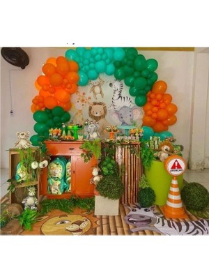 Orman Temalı Parti Balon Konsept Zincir Pastel Turuncu Pastel Mint Yeşili Pastel Koyu Yeşil 100 Adet