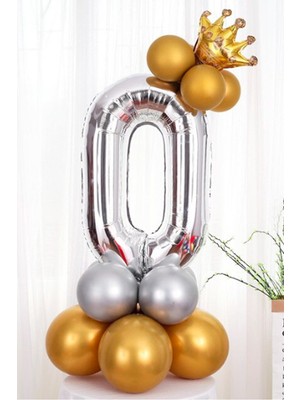 Gümüş Renk 0 Yaş Krom Gold-Gümüş Renkler Altın Taçlı Balon Seti
