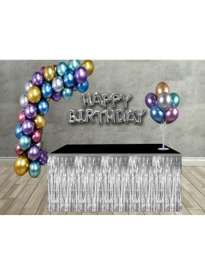 Doğum Günü Süsleme Seti Krom Balon, Balon Zinciri, Balon Standı, Masa Eteği, Folyo Bolon