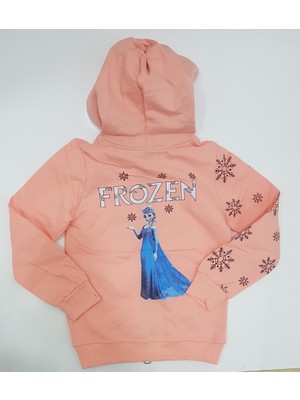 Uğur Bebe Elsa Frozen Baskılı Iki Iplik Mevsimlik Kapşonlu Hırka-Somon