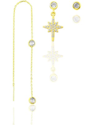 Söğütlü Silver Gümüş Altın Yaldızlı Zirkon Taşlı Kutup Yıldızı Kombin Üçlü Küpe Seti