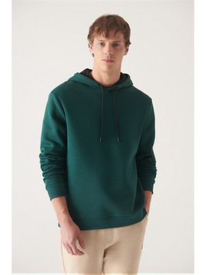 Avva Yeşil Kapüşonlu Yaka İçi Polarlı 3 İplik Pamuklu Standart Fit Normal Kesim Unisex Sweatshirt E001018