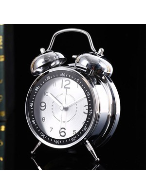 Keyfim Shop Büyük Boy Nostaljik Gümüş Metal Işıklı Akar Saniyeli Çift Çanlı Çalar Saat