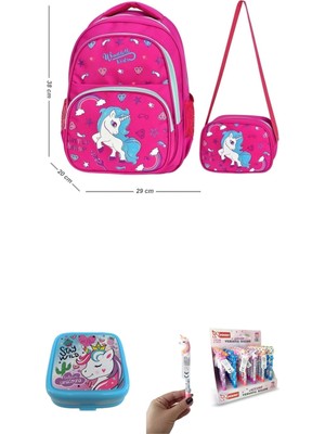 Waddell Unicorn  Pembe Desenli Ilkokul Sırt ve Beslenme Çantası,beslenme Kabı ve  1 Adet Kalem