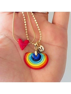 Nergis Collection Murano Gökkuşağı-Kırmızı Kalp Kolye