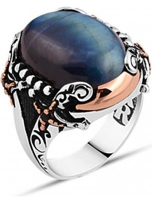 Modasilvers 925 Ayar Gümüş Mavi Kaplan Gözü Taşlı Yanları Kılıçlı Erkek Yüzük