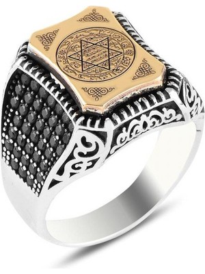 Modasilvers 925 Ayar Gümüş Hz Süleyman Mührü Motifli Mikro Taşlı Erkek Yüzük